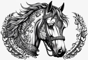 a horse head made out of gears and a flowing mane made out of rope tattoo idea