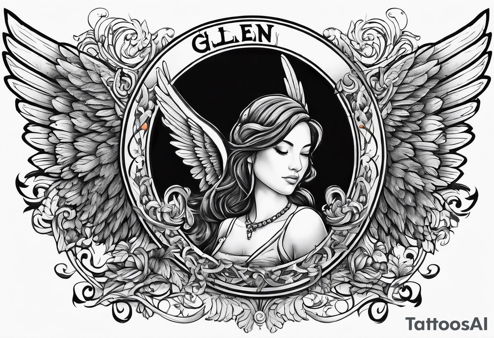 The word Glenn on a banner with angel Wings tattoo idea
