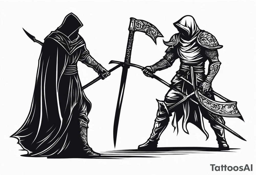 The executioner and death with a scythe shake hands tattoo idea