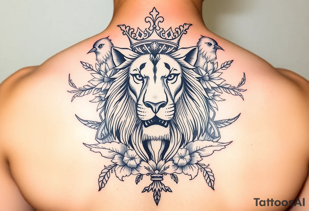 powerful majestic lion with a crown, surrounded by floral ornaments and birds tattoo idea