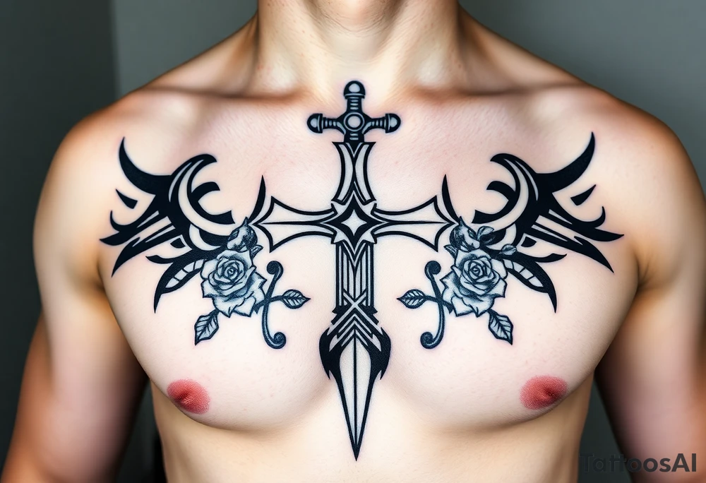 A gothic cross with a sword tip on the bottom going through an infinity sign and has roses and vines growing around tattoo idea