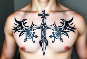 A gothic cross with a sword tip on the bottom going through an infinity sign and has roses and vines growing around tattoo idea