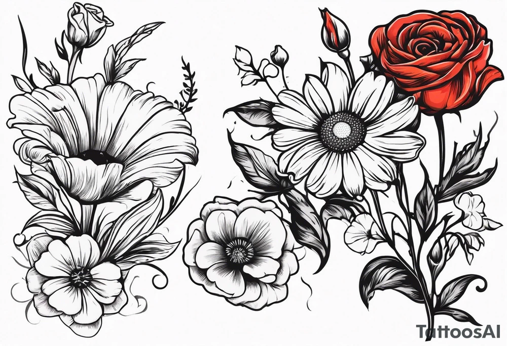A vintage vertical design of a daisy and a rose with gladiolus flowers and poppies weaving through the daisy and rose tattoo idea