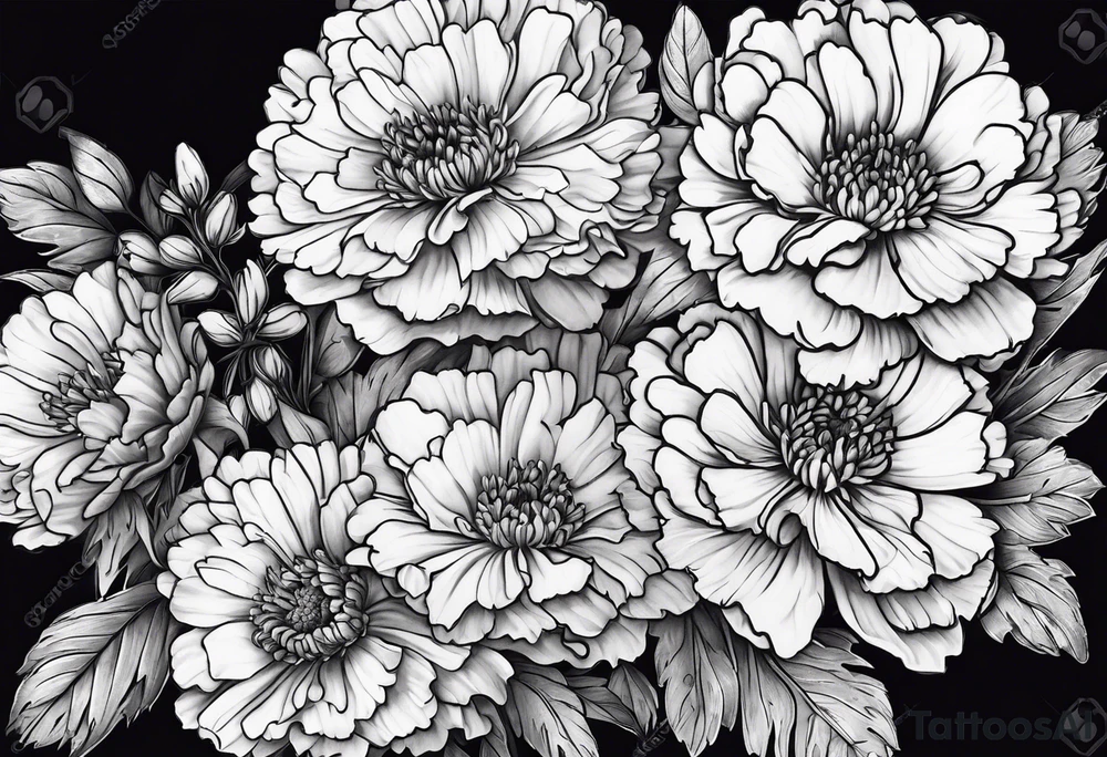 Carnation aster and violet blossom flat lay bouquet tattoo idea Carnation aster and violet blossom flat lay bouquet tattoo idea