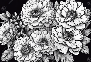 Carnation aster and violet blossom flat lay bouquet tattoo idea