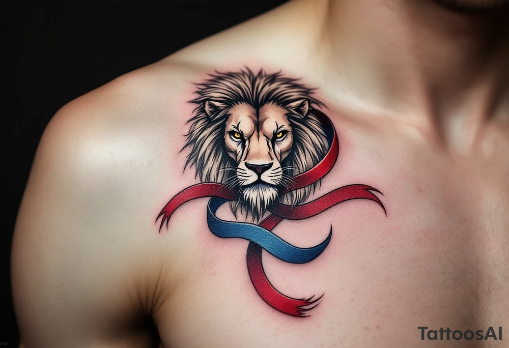 A stylized Czech lion with a flowing blue, red, and white ribbon wrapped around its body, symbolizing national unity. tattoo idea