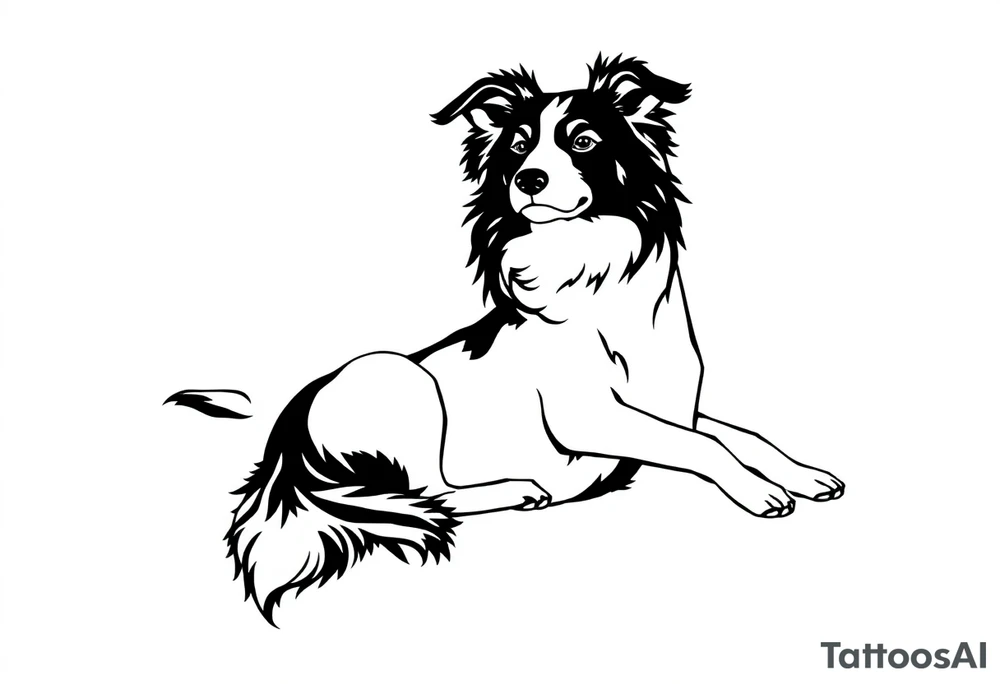 An illustration of a Border Collie tattoo in a minimalist feminine style. The design is elegant and delicate, created with a single continuous line, depicting the dog lying on its back, capturing the grace and character of the breed. tattoo idea