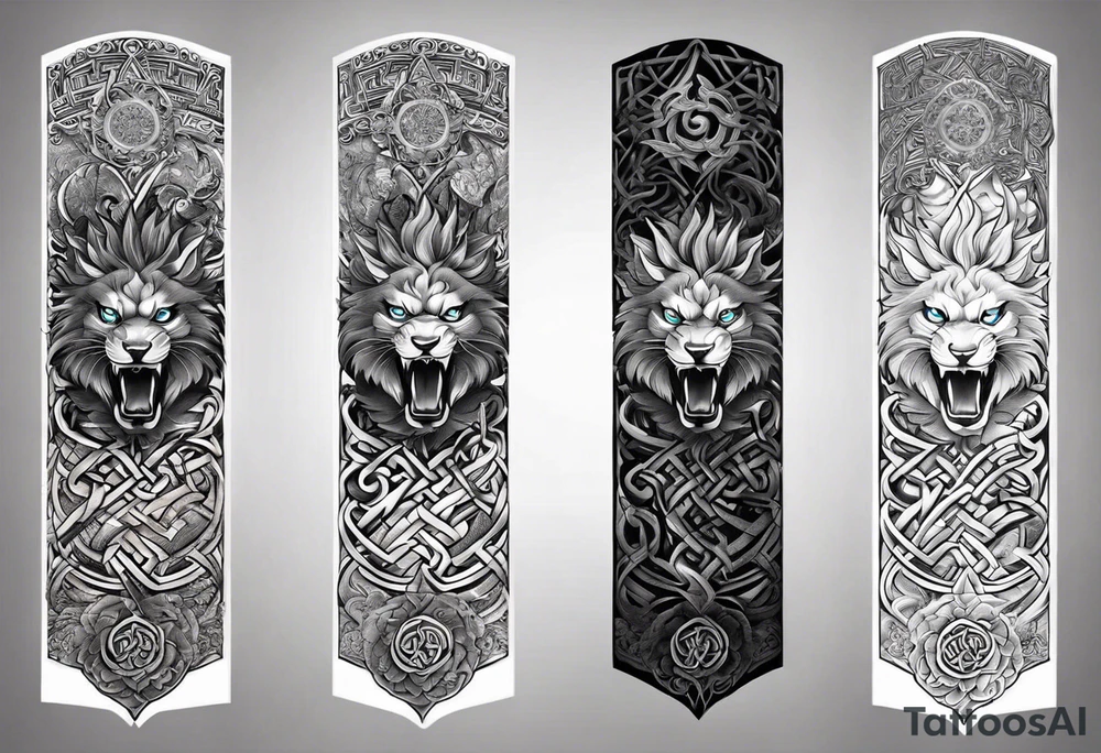 arm sleeve tattoo split into 3 different areas spiraling down the arm. the first area being Based on japanese Mythology. The 2nd one being based on Hindu mythology. and the 3rd one being based on celtic mythology tattoo idea