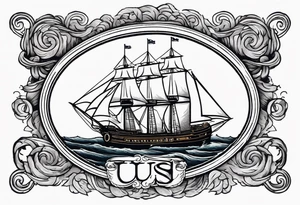 ship in rough seas, front porfile, in oval with rope border, super imposed over crossed cannons, banner at bottom that says "US Navy" tattoo idea