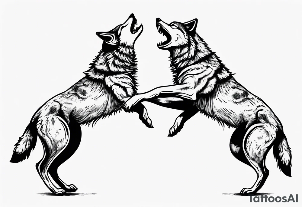 two wolves dancing on their hind legs. they should be visibly dancing and facing one another. They should have their jaws closed tattoo idea