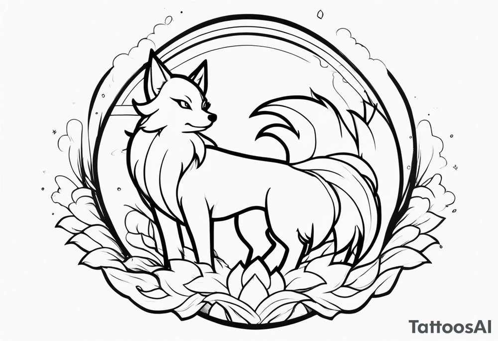 ninetails facing us, small and cute, it's in the center while the tails are surrounding the background tattoo idea