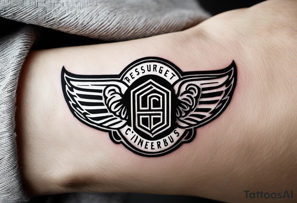 tattoo on a wrist saying "resurget cineribus". no other design except for the words. use the font from the Detroit Red Wings written logo. Flip "cineribus" upside down. only black and white. only the lettering. tattoo idea