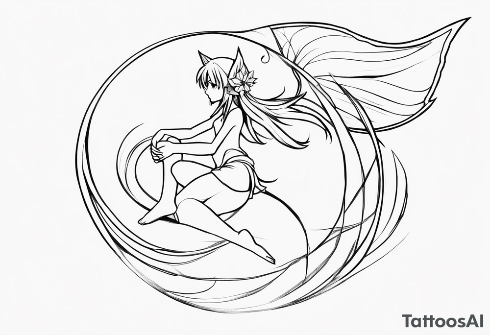 No color sketch of a fairy with a tail inspired by the guild symbol in the anime show called Fairy Tail in a fetal position leaning forward while crawled in hugging herself with hands a bit forward and her body is an angle while floating in the air tattoo idea