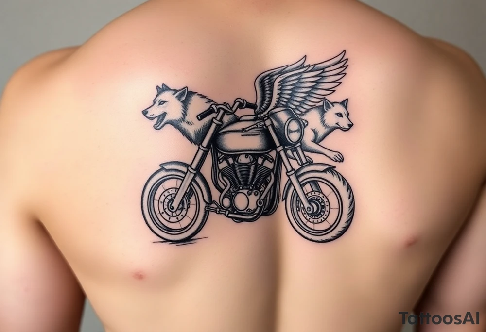 a motorcycle on it with guardian angel wolves on the bike tattoo idea