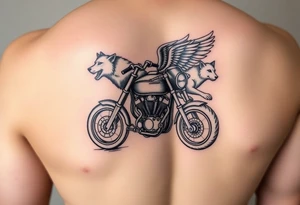 a motorcycle on it with guardian angel wolves on the bike tattoo idea