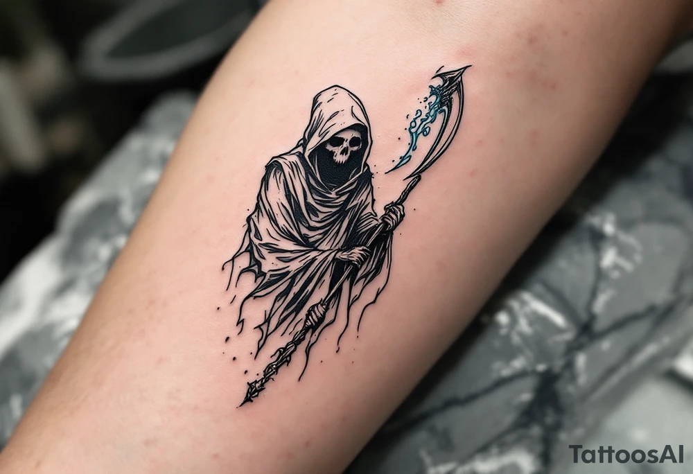 A Reaper drawn in black linework with a ghostly pale-blue scythe trailing mist. tattoo idea