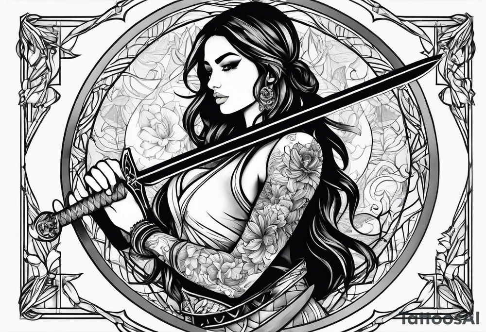 Woman holding a sword tattoo idea