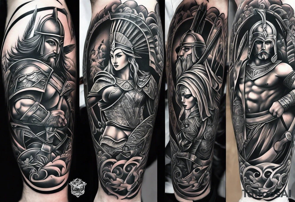 Leg sleeve tattoo of warriors from
 Different eras tattoo idea