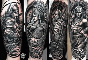 Leg sleeve tattoo of warriors from
 Different eras tattoo idea