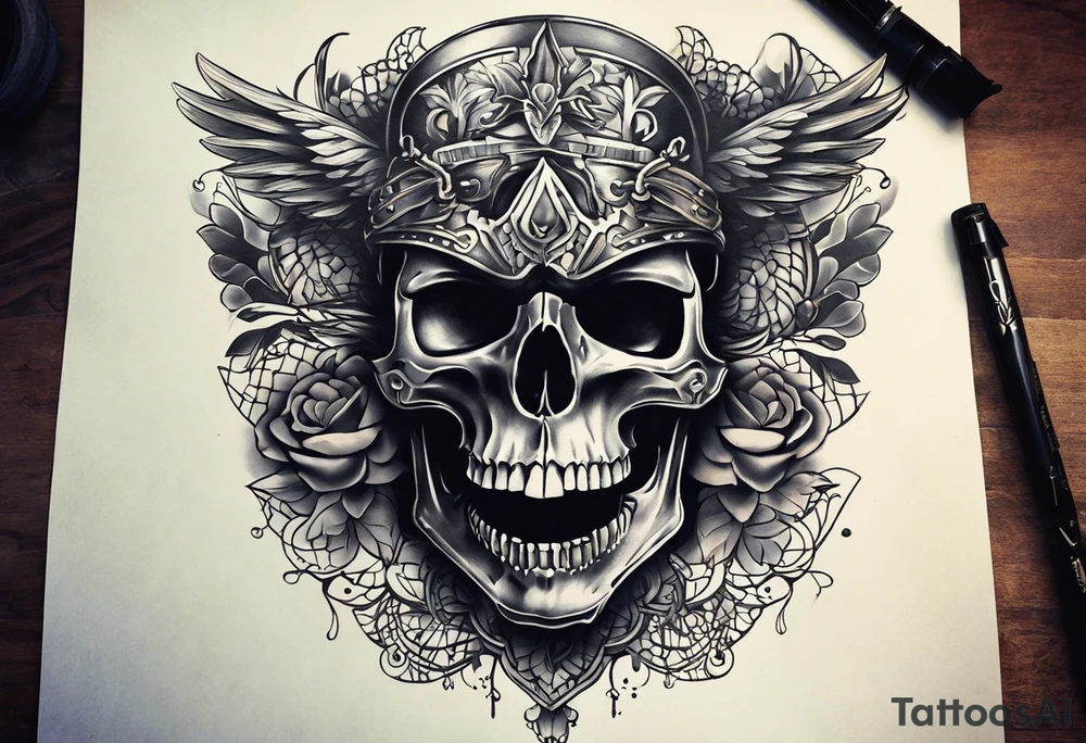 Unique tattoo design featuring a skull with a muzzle that appears to be releasing or breaking free from its constraints. The design should be intricate, with detailed shading and textures to give it a realistic look. The skull should be positioned on the neck, with the muzzle facing upwards, as if it's emerging from the skin. I'd like the design to be bold and eye-catching, with a mix of dark and light colors to create a striking contrast. tattoo idea