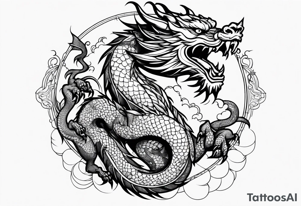 Fierce Chinese dragon black outline full body holding orb tattoo idea