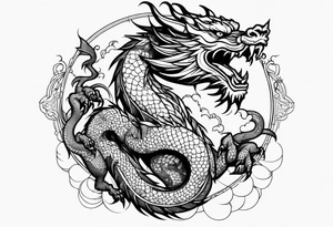 Fierce Chinese dragon black outline full body holding orb tattoo idea