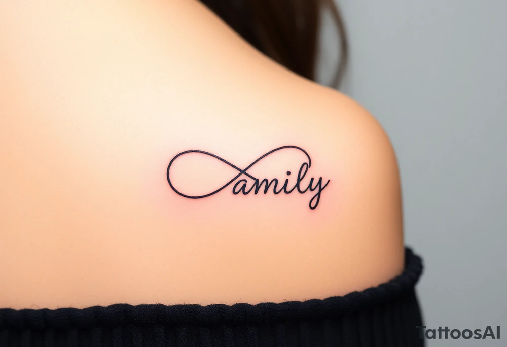 A flowing infinity symbol intertwined with the word "family" written in elegant cursive tattoo idea