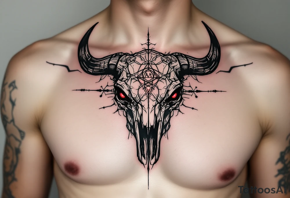 Abstract looking angry taurus skull chest tattoo with red eyes, taurus symbol in between eyes tattoo idea