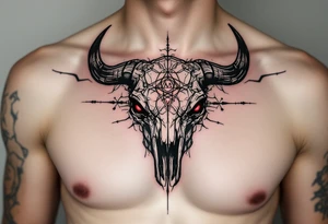 Abstract looking angry taurus skull chest tattoo with red eyes, taurus symbol in between eyes tattoo idea