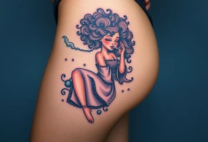 Curly haired Woman smoking while floating in space tattoo idea