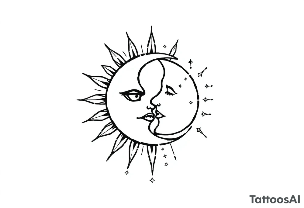 celestial sun and moon embrace with constellation patterns tattoo idea