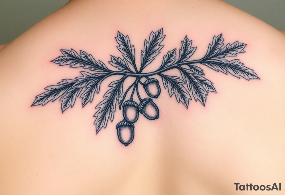oak branch with thick leaves and acorns tattoo idea