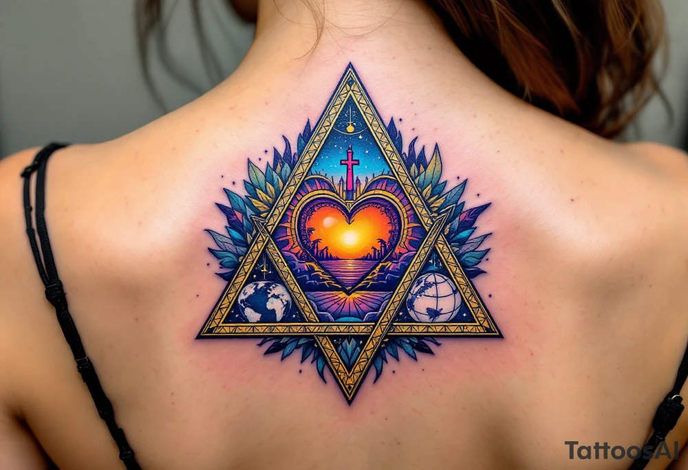 A triangle with a big heart in the center with a world travel theme tattoo idea