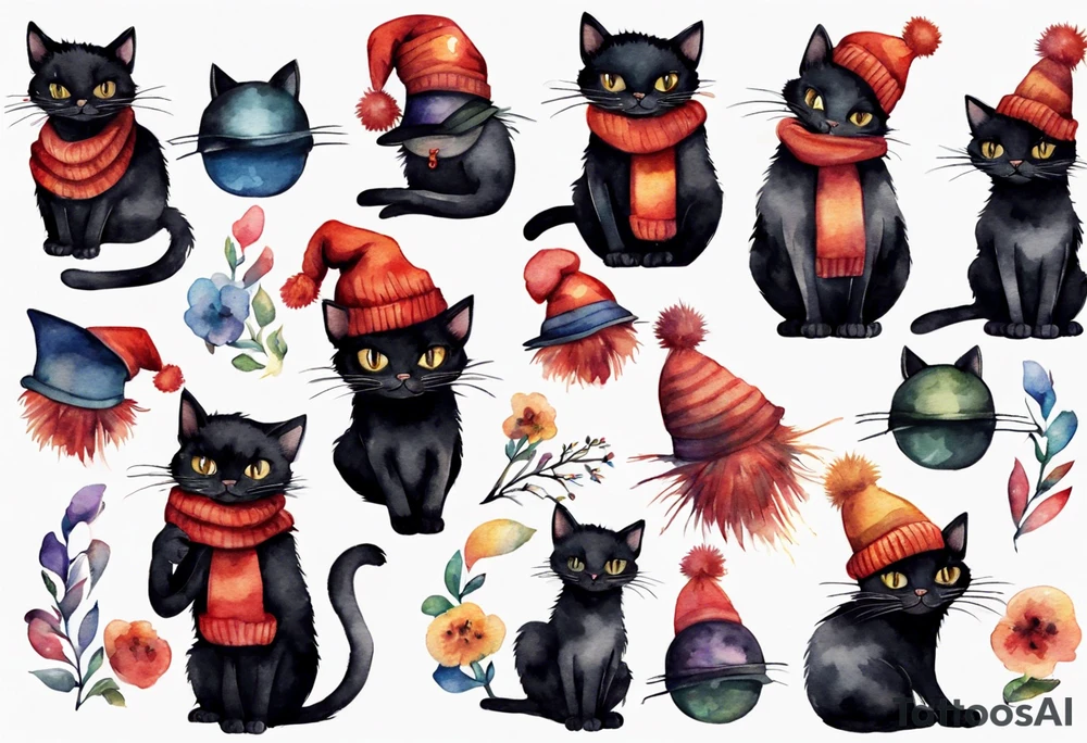 black cat with a funny hat and sweater tattoo idea