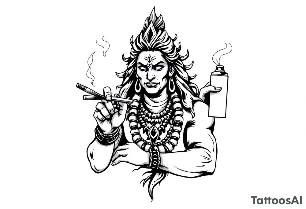 Shiva smoking a joint with one hand and holding spray paint with another hand tattoo idea