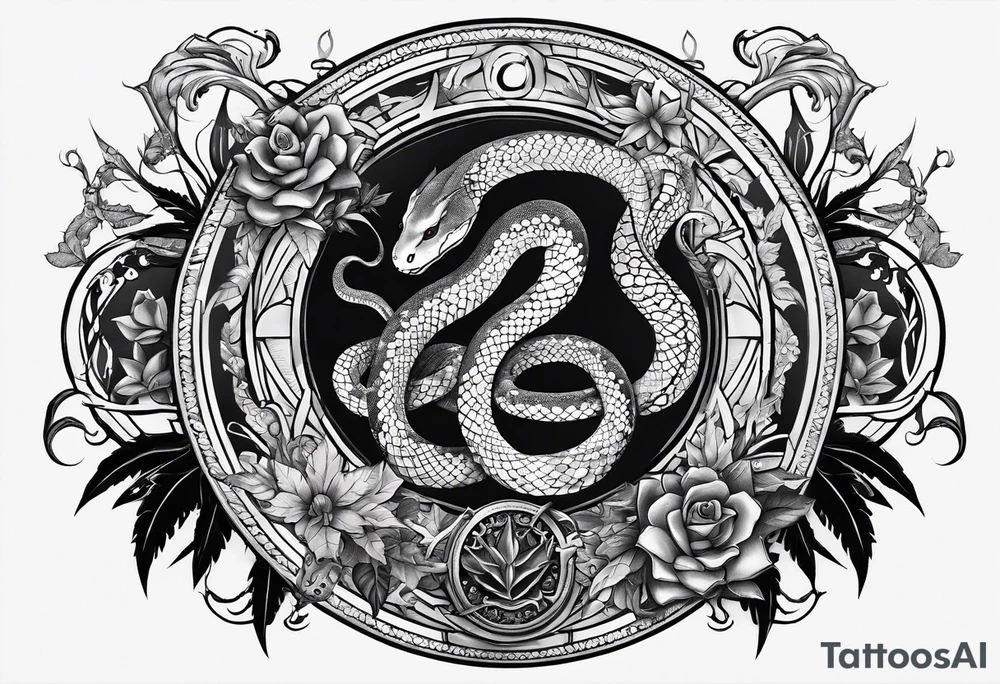 sleeve tattoo with a snake, gun, weed symbol and a medallion that says Hydra tattoo idea