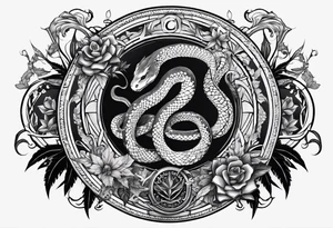 sleeve tattoo with a snake, gun, weed symbol and a medallion that says Hydra tattoo idea