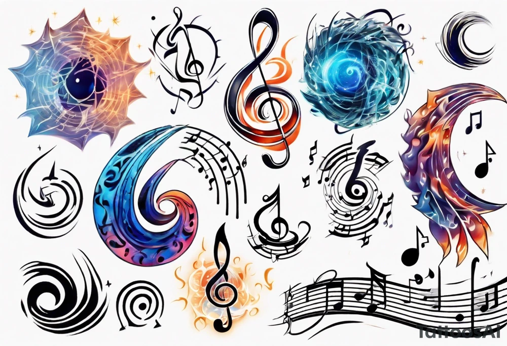 An abstract representation of energy waves merging with musical notes and astrology symbols tattoo idea