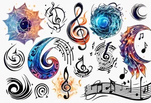 An abstract representation of energy waves merging with musical notes and astrology symbols tattoo idea