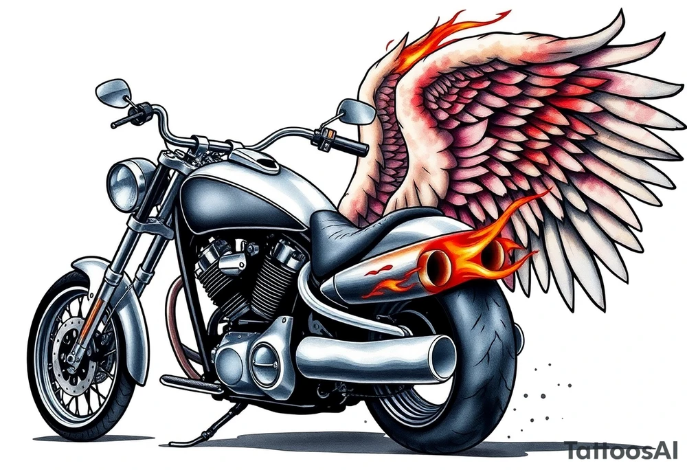 Low rider grey motorcycle, big muffler pipes with flames, angel wings, driving away, no person tattoo idea