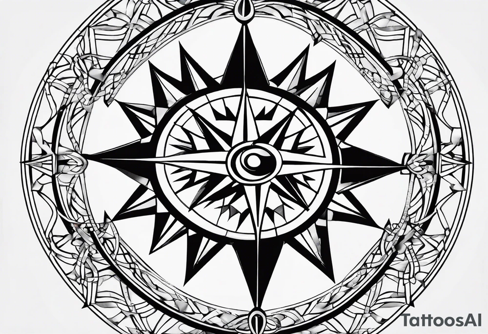 a classic compass rose as the central element,Overlaying the compass rose is a simplified molecular structure of serotonin tattoo idea