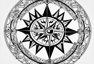 a classic compass rose as the central element,Overlaying the compass rose is a simplified molecular structure of serotonin tattoo idea