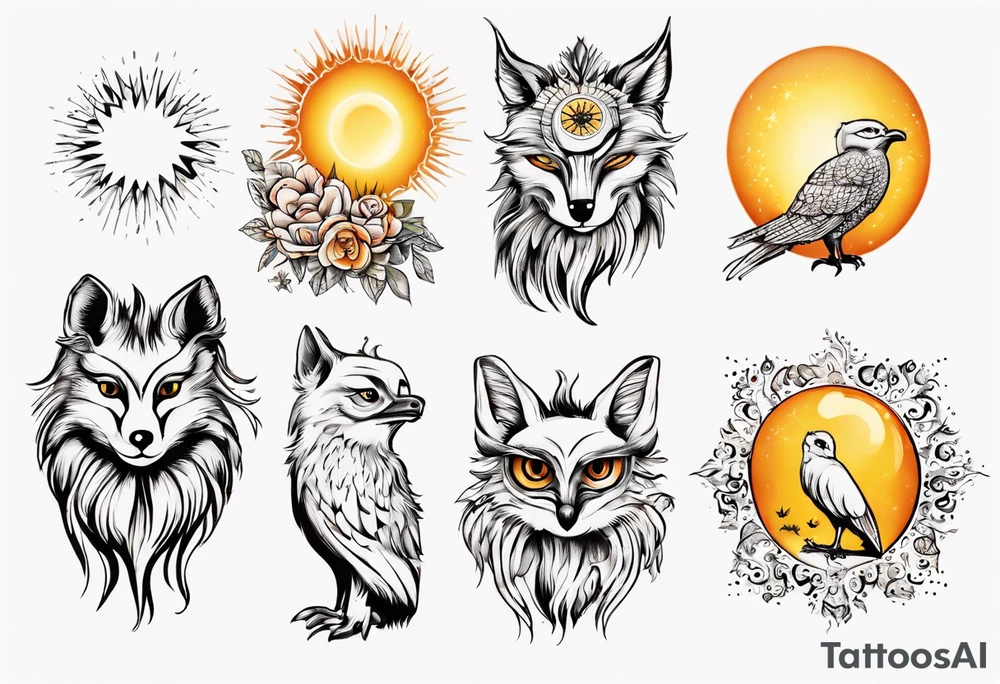 Fuchs und Eule unter der Sonne mit dem Schriftzug Sapere Aude tattoo idea