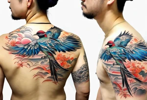 Flying birds on shoulder blade, medium size, with flowing lines tattoo idea