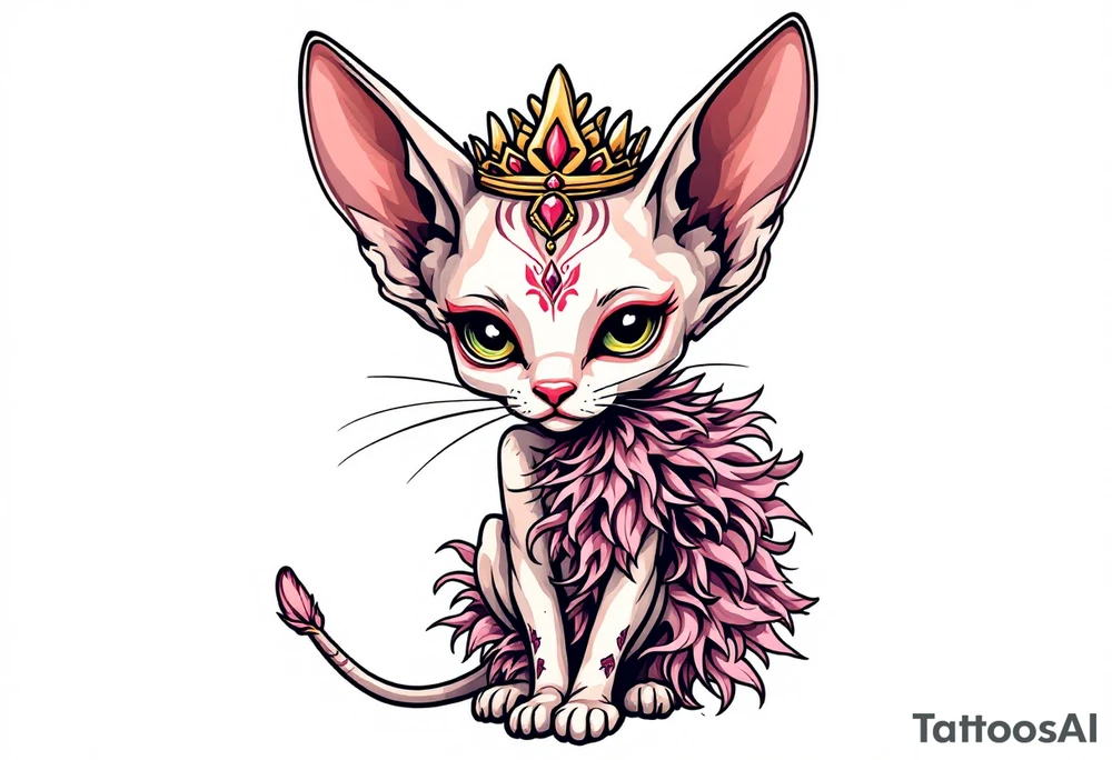 Chibi Glamorous sphinx cat with a pink feather boa and wearing a crown tattoo idea