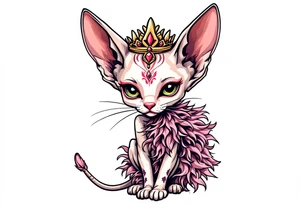 Chibi Glamorous sphinx cat with a pink feather boa and wearing a crown tattoo idea