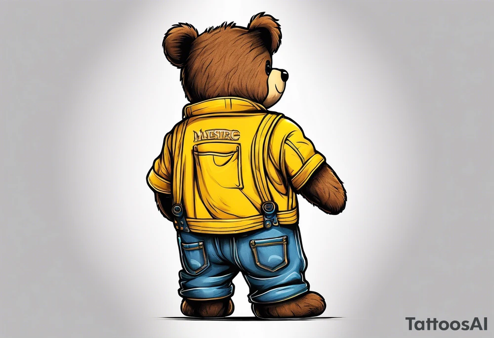 the back of a standing, skinny, brown ,
teddy bear in long, yellow overalls tattoo idea
