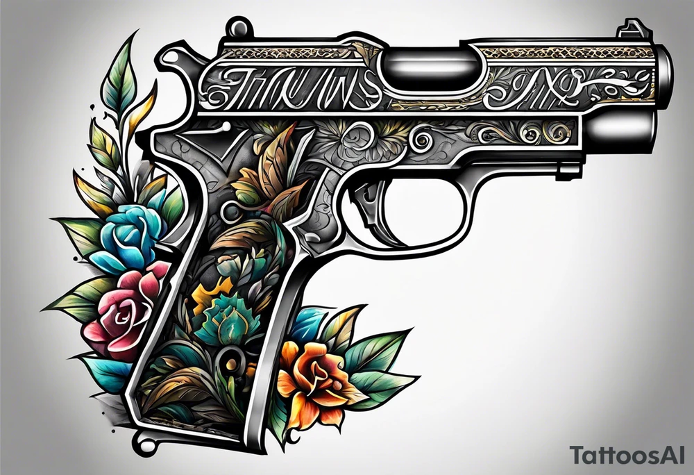 The letters AR with a pistol on each side and the word always on the top and ready on the bottom tattoo idea