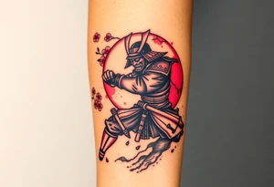 Half sleeve of a Samurai in fighting position with a cherry blossoms and a pagola in the background tattoo idea