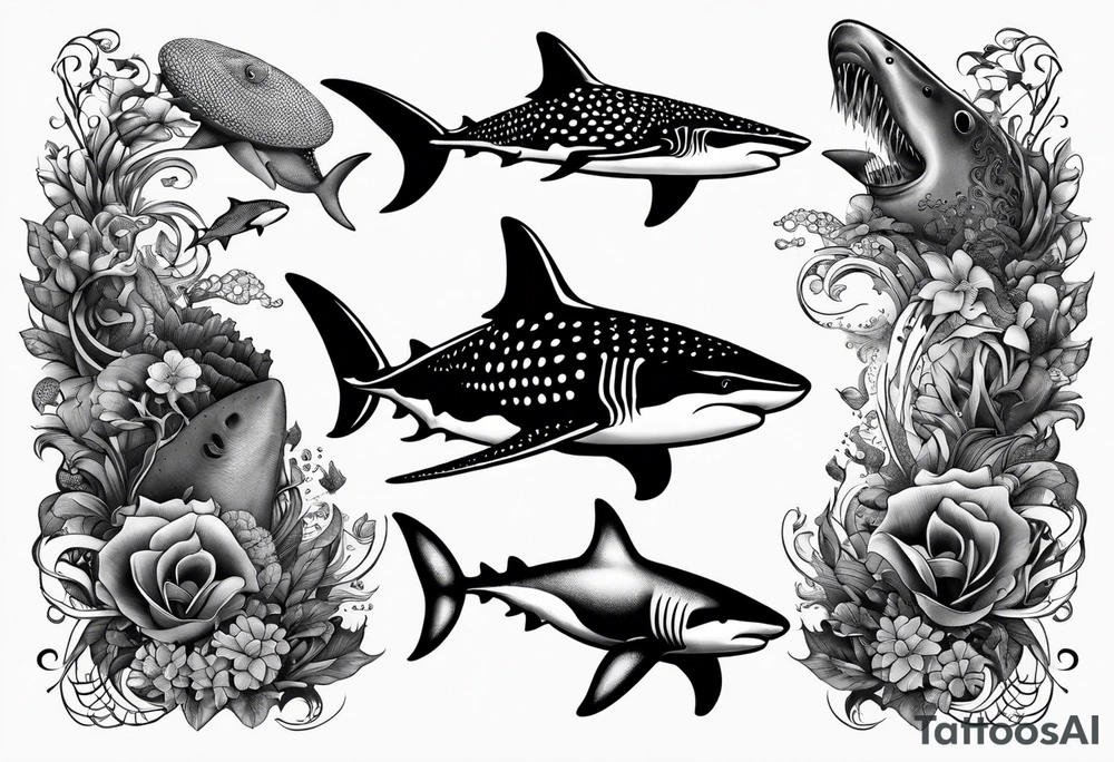shark, octapus, lion, whale shark, manta ray sleeve tattoo idea